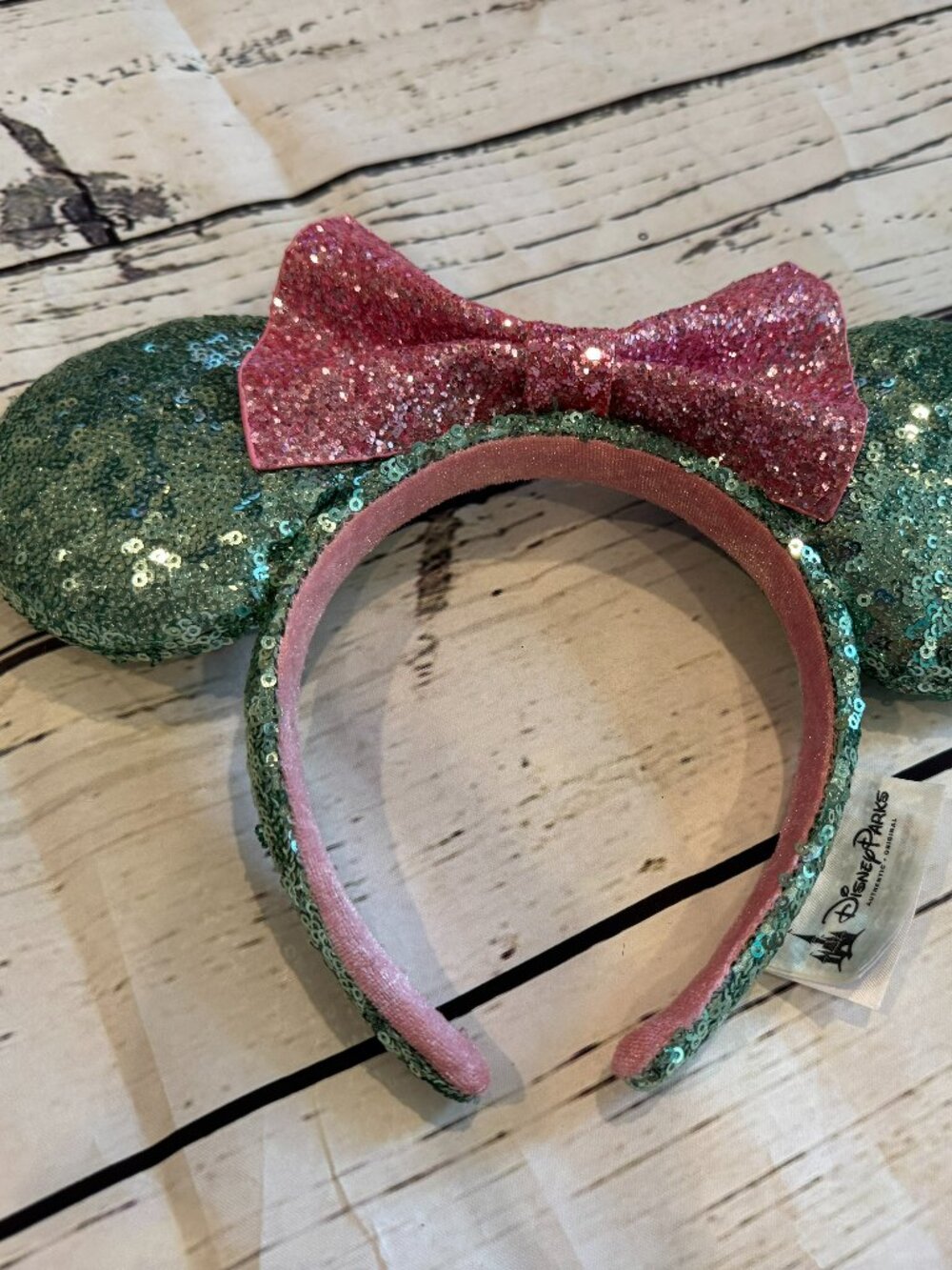 Disney Parks Mint Green Sequin and Pink Glitter Minnie Mouse Ears Headband